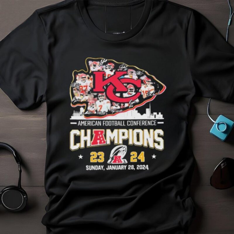 American Football Conference Champions 2024 Kansas City Chiefs Skyline Logo Players Signatures Shirt