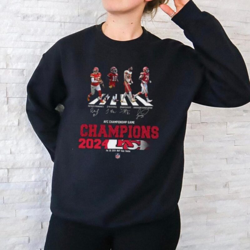 Congratulations Kansas City Chiefs Is Champions Of AFC Championship Game Season 2023 2024 At Jan 28 MT Bank Stadium Abbey Road Team Member Signatures Fan Gifts Merchandise T Shirt