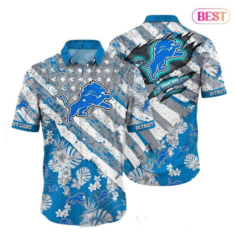 Detroit Lions NFL Hawaiian Shirt Floral Print American Flag Beach Shirt Short Style Summer