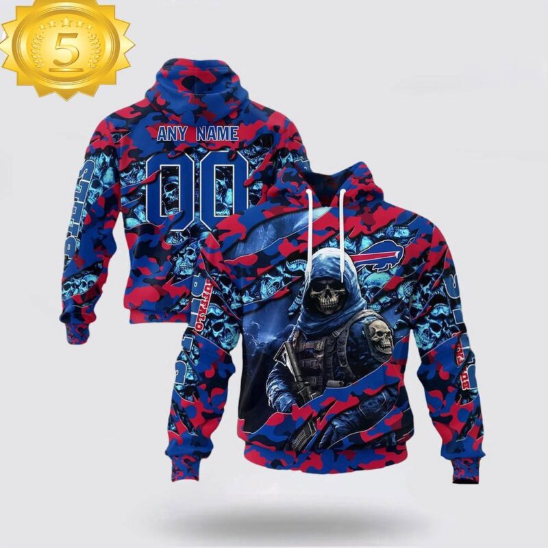 Custom Name And Number NFL Buffalo Bills Skeleton Soldier Halloween 3D Hoodie Shirt