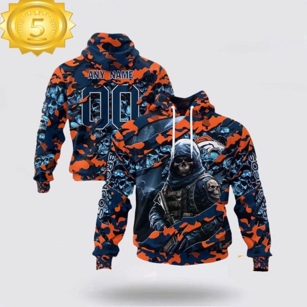 Custom Name And Number NFL Denver Broncos Skeleton Soldier Halloween 3D Hoodie Shirt