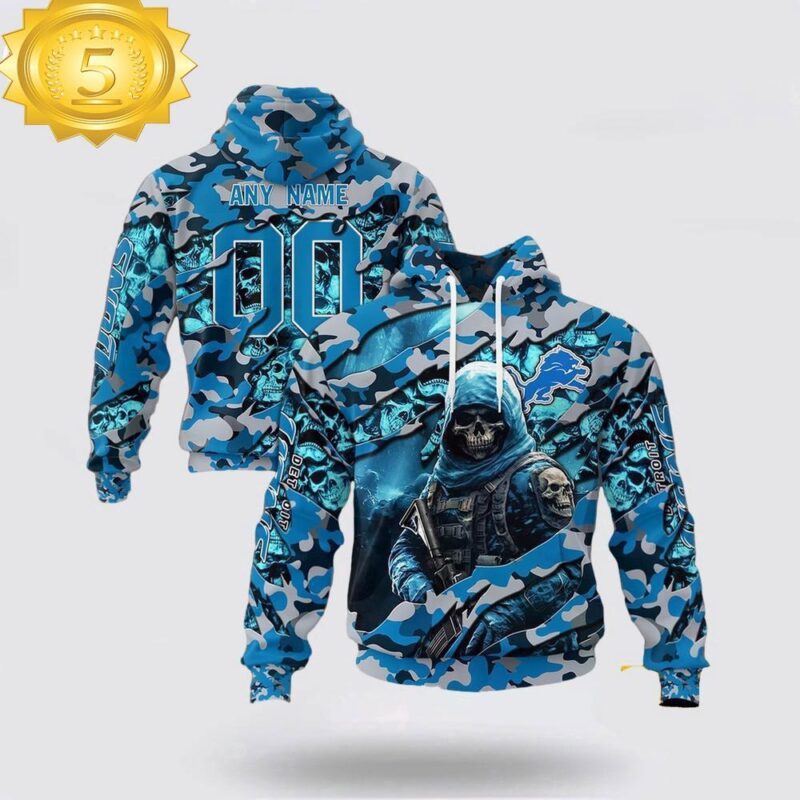 Custom Name And Number NFL Detroit Lions Skeleton Soldier Halloween 3D Hoodie Shirt